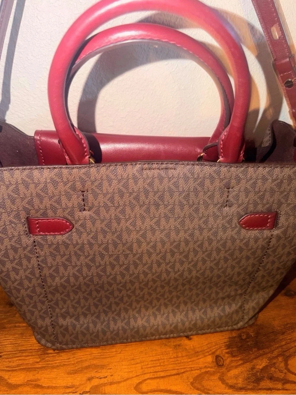 Michael Kors Brown Monogram Satchel with Pink & Burgundy Accents